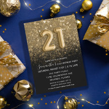 Elegante Purpurina 21 de cumpleaños negro y oro