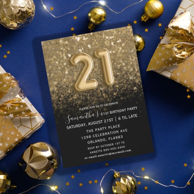 Invitación Elegante Purpurina 21 de cumpleaños negro y oro (Subido por el creador)