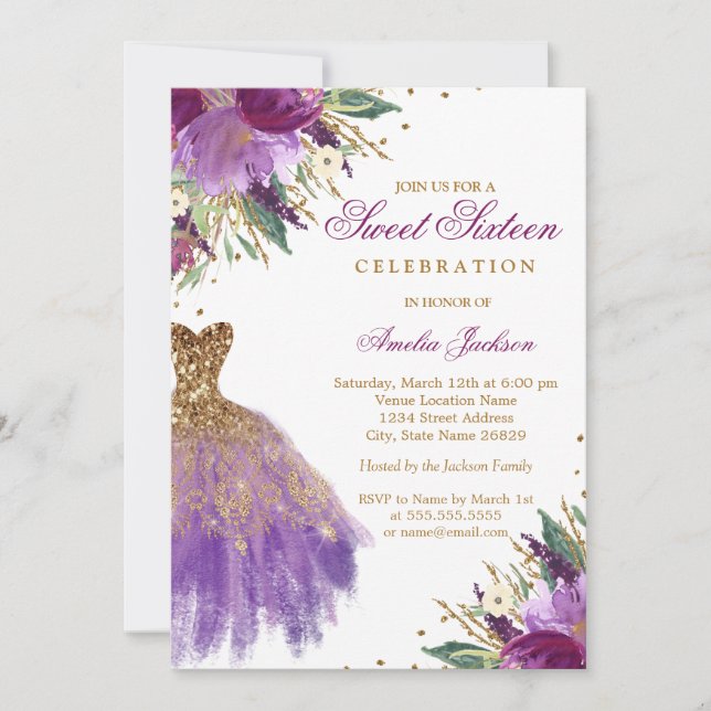 Invitación Elegante Purpurina Amethyst Vestido Dulce Dieciséi (Anverso)