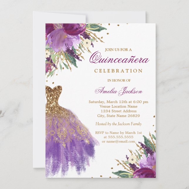 Invitación Elegante Purpurina Amethyst Vestido Quinceanera (Anverso)
