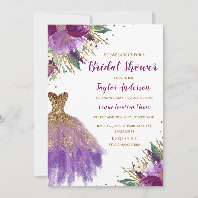 Invitación Elegante Purpurina Amethyst Vestir Ducha Bridal (Anverso)