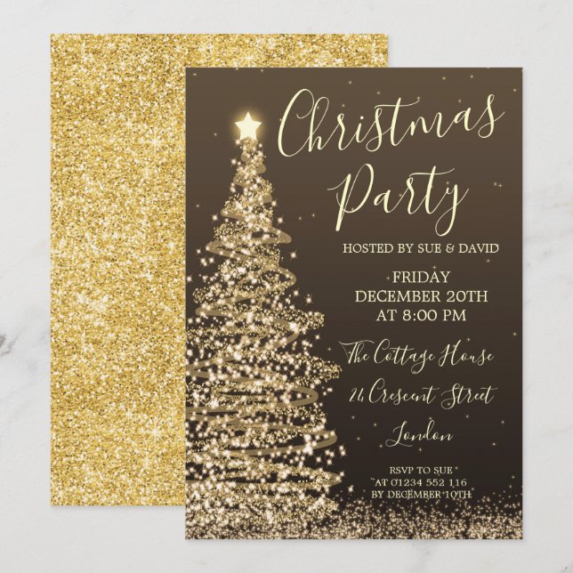 Invitación Elegante Purpurina Árbol Navidades Fiesta (Anverso / Reverso)