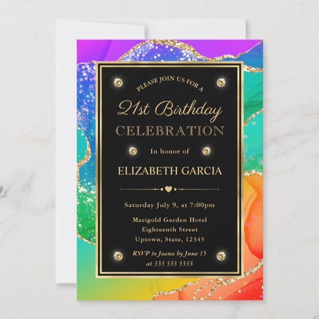 Invitación Elegante Purpurina arcoiris Agate y Oro 21 cumplea (Anverso)