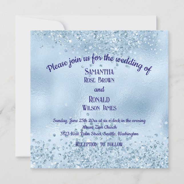 Invitación Elegante Purpurina azul bebé y Boda de Relieve met (Anverso)