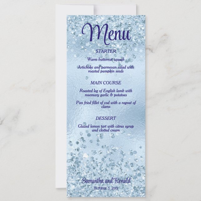 Invitación Elegante Purpurina azul bebé y menú Boda Relieve m