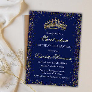 Invitación Elegante Purpurina azul Gold Crown Sweet 16 cumple