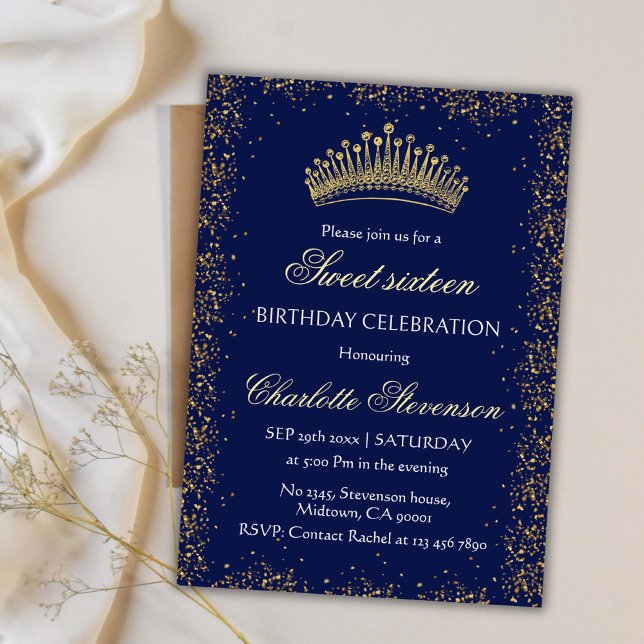 Invitación Elegante Purpurina azul Gold Crown Sweet 16 cumple (Subido por el creador)