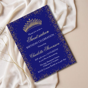 Invitación Elegante Purpurina azul Gold Crown Sweet 16 cumple