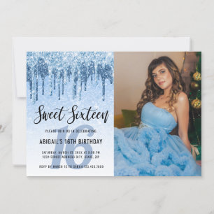 Invitación Elegante purpurina azul gotea dulces dieciséis