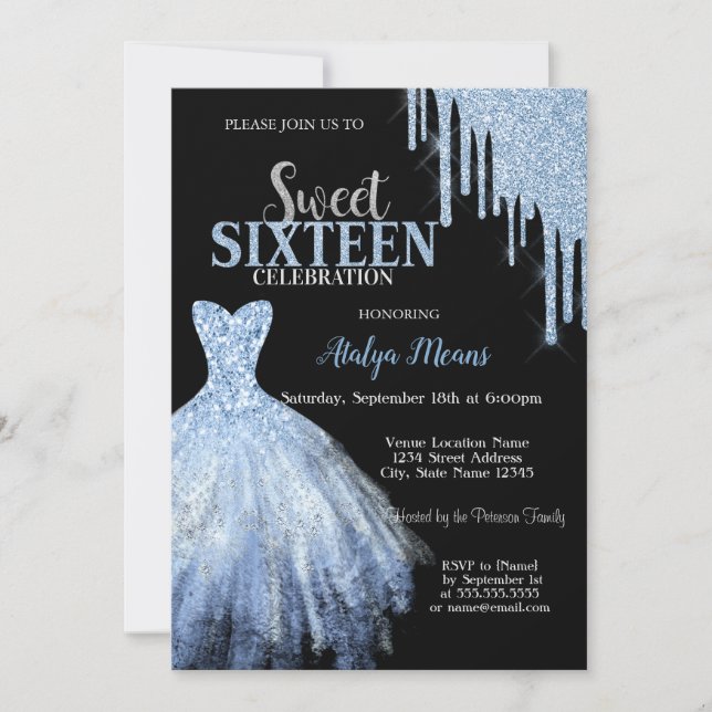 Invitación Elegante Purpurina azul gotea sobre negro de vesti (Anverso)