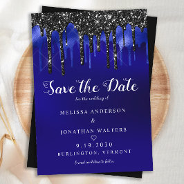 Invitación Elegante Purpurina azul negro gotea Boda