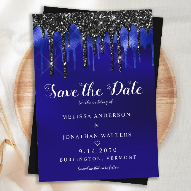 Invitación Elegante Purpurina azul negro  gotea Boda (Subido por el creador)