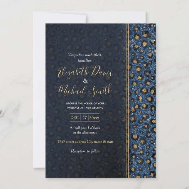 Invitación Elegante Purpurina azul negro Leopardo de oro (Anverso)