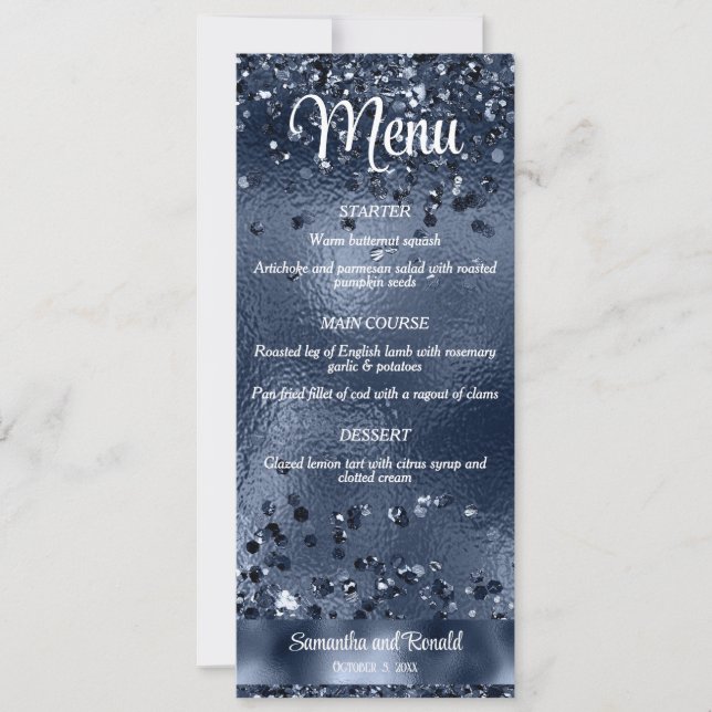 Invitación Elegante Purpurina azul oscuro y menú Boda Relieve (Anverso)