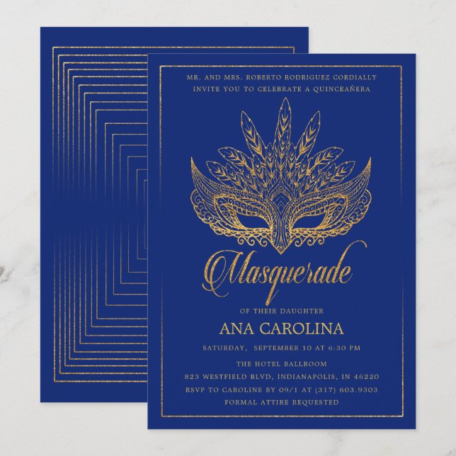 Invitación Elegante Purpurina Azul Real Masquerade Quinceañer (Anverso / Reverso)