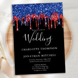 Invitación Elegante Purpurina azul rojo negro gotea Boda