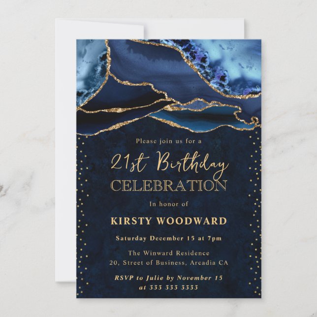 Invitación Elegante Purpurina azul y oro Agate 21º cumpleaños (Anverso)