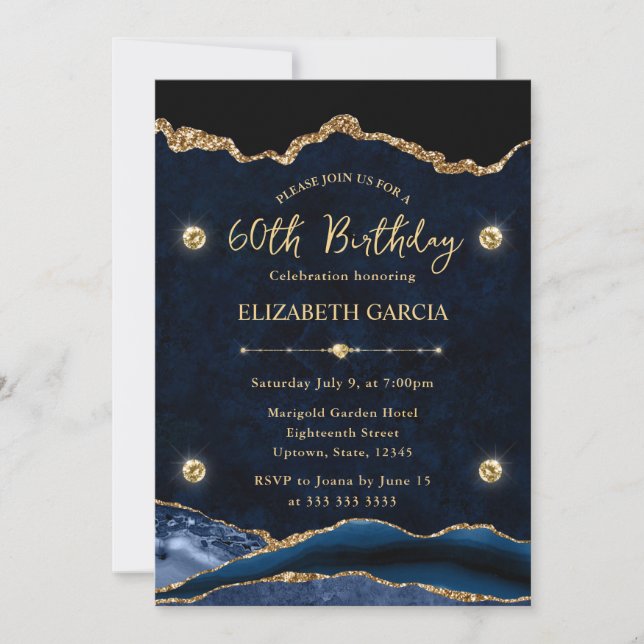 Invitación Elegante Purpurina azul y oro Agate 60 cumpleaños (Anverso)