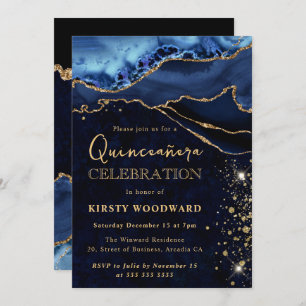 Invitación Elegante Purpurina azul y oro Agate Quinceanera