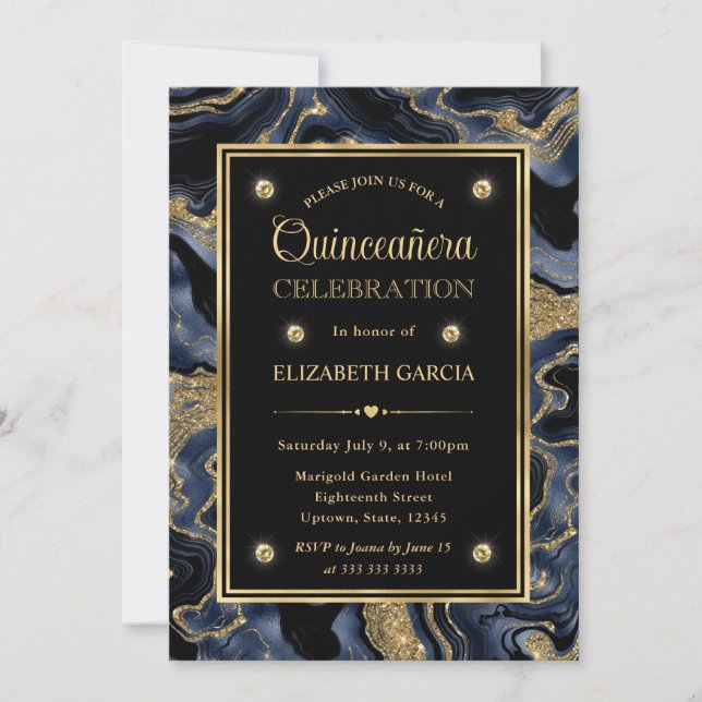 Invitación Elegante Purpurina azul y oro Agate Quinceanera (Anverso)