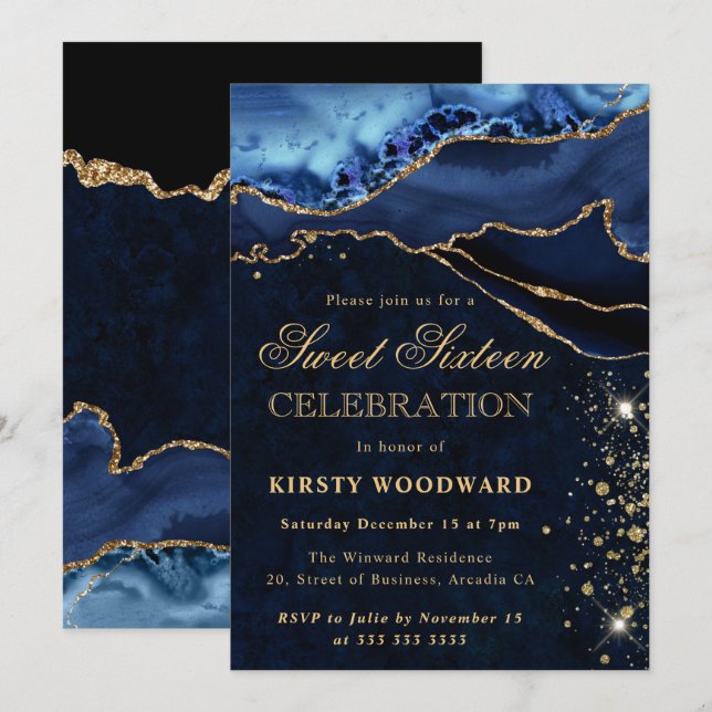 Invitación Elegante Purpurina azul y oro Agate Sweet 16 (Anverso / Reverso)