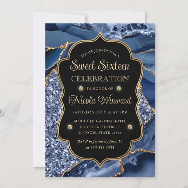 Invitación Elegante Purpurina azul y oro Agate Sweet 16 (Anverso)