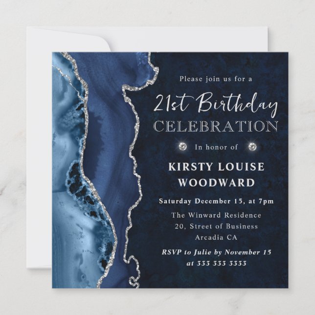 Invitación Elegante Purpurina azul y plateado Agate 21º cumpl (Anverso)