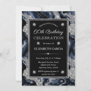 Invitación Elegante Purpurina azul y plateado Agate 60 cumple