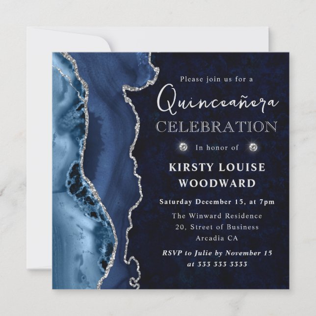 Invitación Elegante Purpurina azul y plateado Agate Quinceane (Anverso)