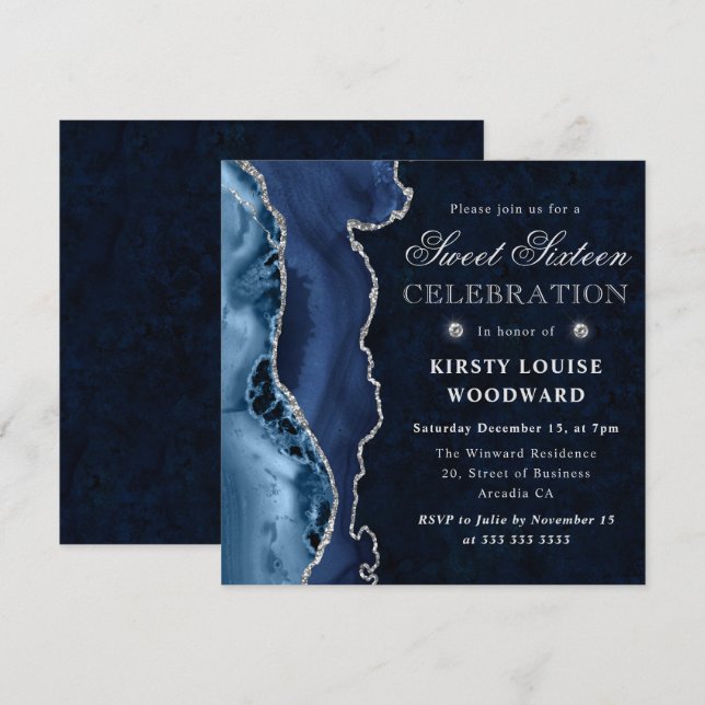 Invitación Elegante Purpurina azul y plateado Agate Sweet 16 (Anverso / Reverso)