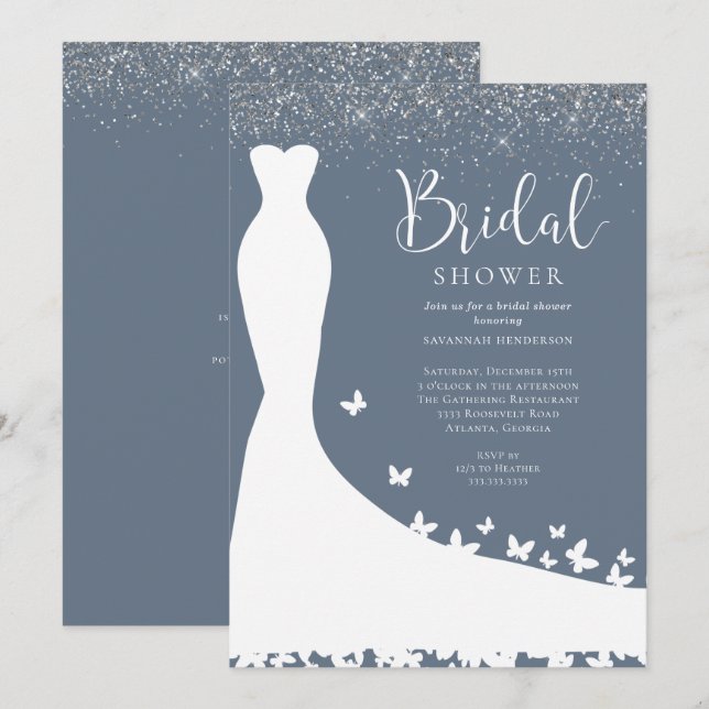 Invitación Elegante Purpurina azul y plateado ducha de novia  (Anverso / Reverso)