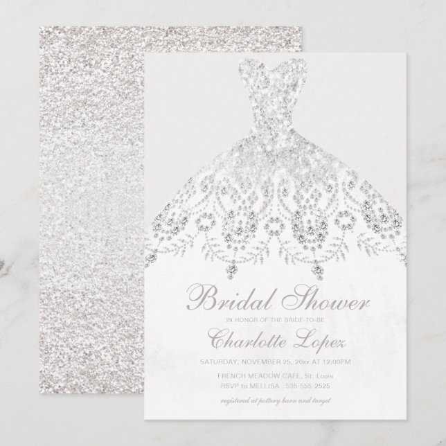 Invitación Elegante Purpurina beige blanco vestido con ducha  (Anverso / Reverso)