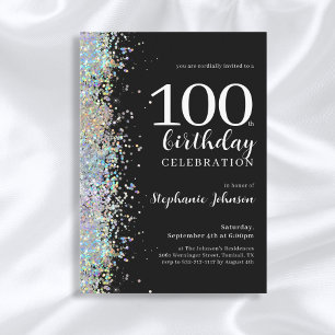 Invitación Elegante Purpurina Black 100th Birthday Party