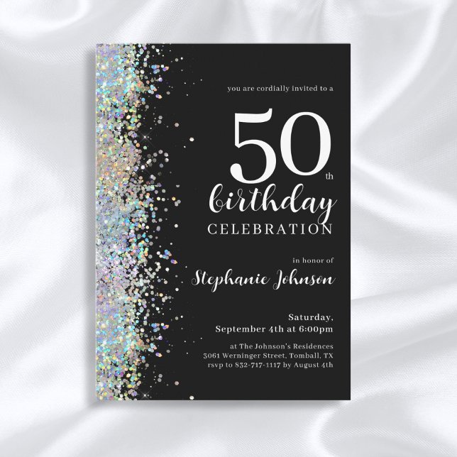 Invitación Elegante Purpurina Black 50th Birthday Party (Mockup View)