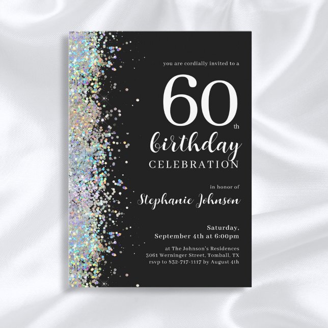 Invitación Elegante Purpurina Black 60th Birthday Party (Mockup View)