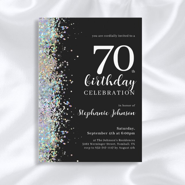 Invitación Elegante Purpurina Black 70th Birthday Party (Mockup View)