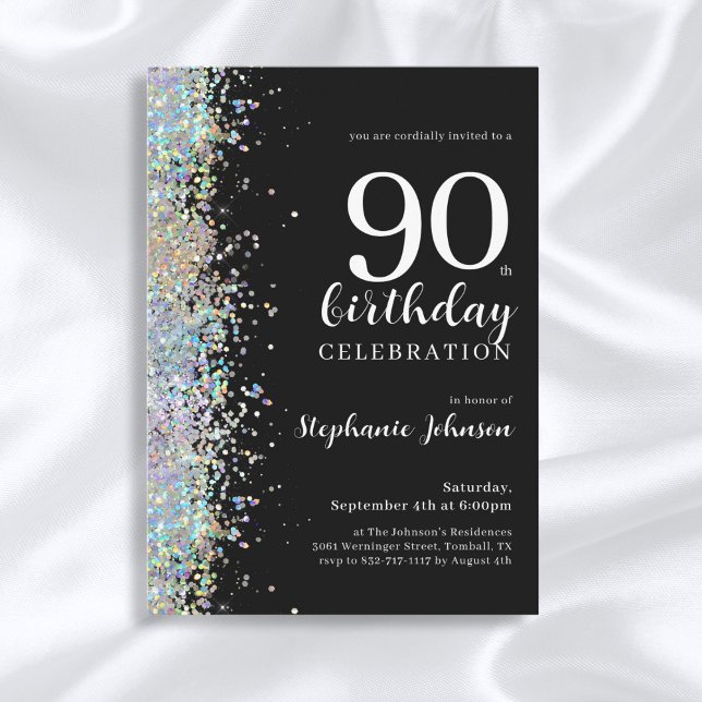 Invitación Elegante Purpurina Black 90th Birthday Party (Mockup View)