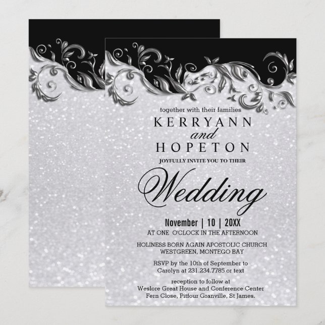 Invitación Elegante Purpurina Blanco, Boda negro y plateado I (Anverso / Reverso)