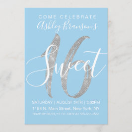 Invitación Elegante Purpurina Blue Silver Sequin dulce 16