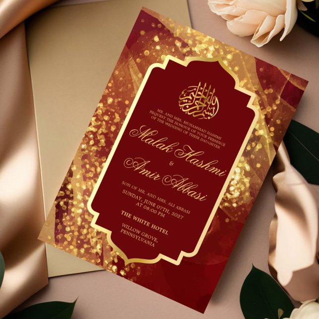 Invitación Elegante Purpurina Borgoña Boda musulmán islámico (Subido por el creador)