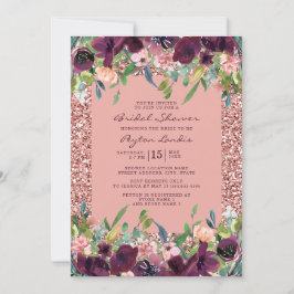 Invitación Elegante Purpurina Borgoña Floral Rosa Ducha Brida