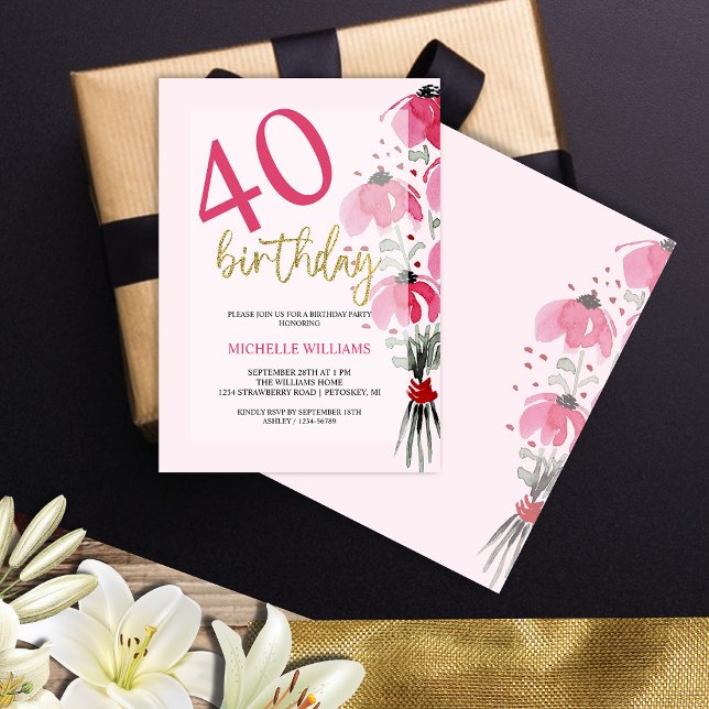 Invitación Elegante Purpurina caligrafía de oro cumpleaños fl (Subido por el creador)