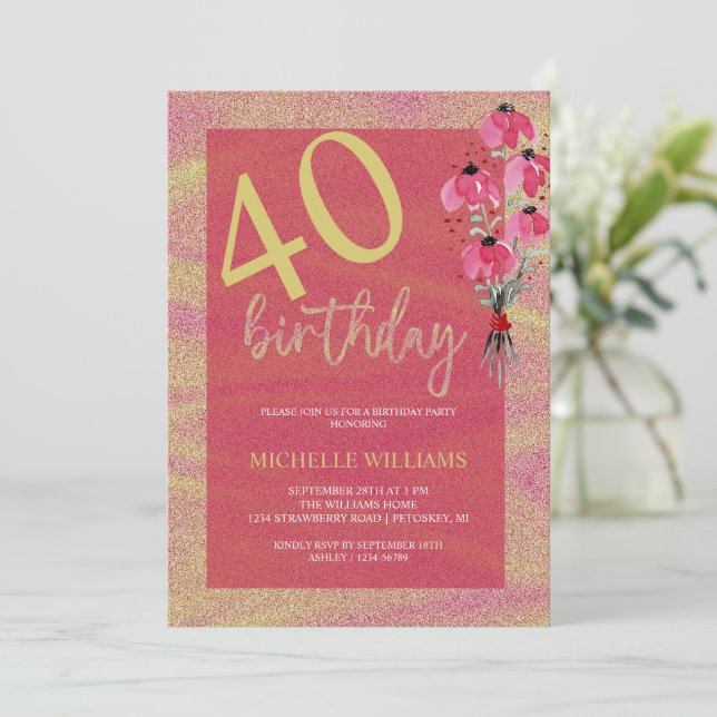 Invitación Elegante Purpurina caligrafía de oro cumpleaños fl (Anverso de pie)