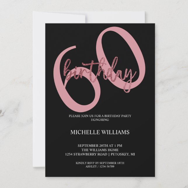 Invitación Elegante Purpurina caligrafía rosa cumpleaños Invi (Anverso)