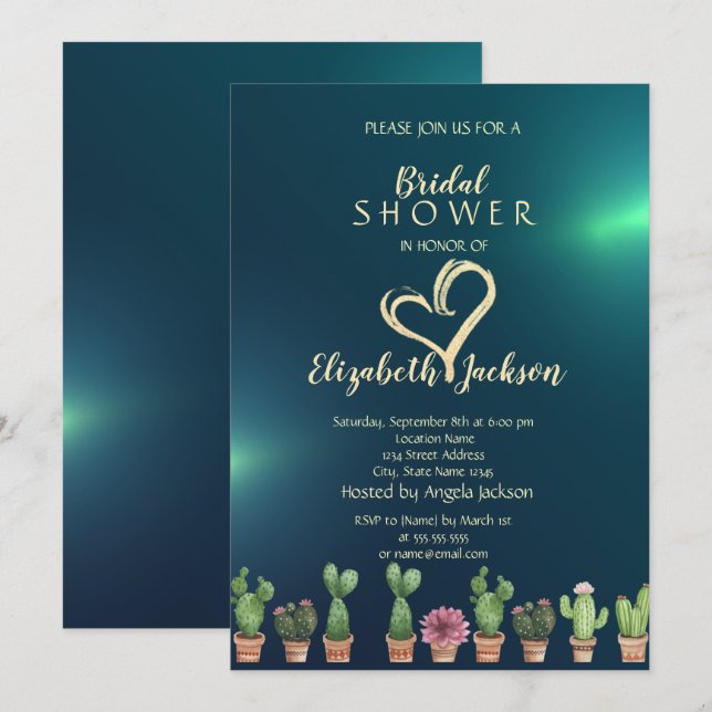 Invitación Elegante Purpurina Corazón Cactus Ducha Verde Brid (Anverso / Reverso)