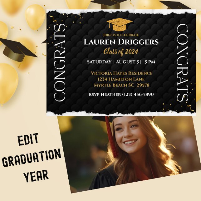 Invitación Elegante Purpurina de año de foto graduado de escu (Subido por el creador)