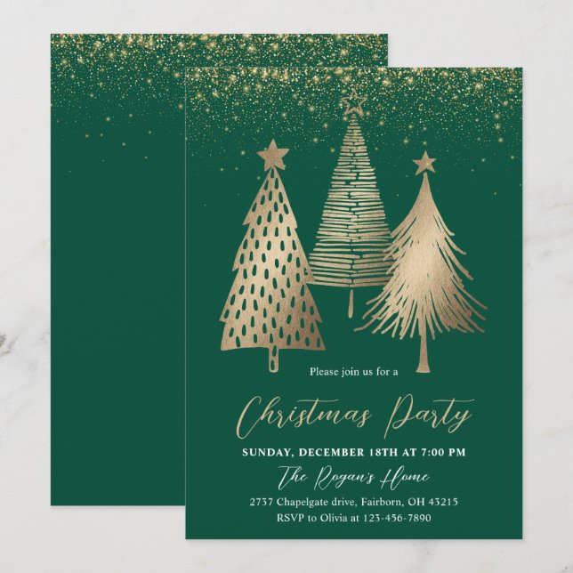 Invitación Elegante Purpurina de árbol de Navidad dorado Niev (Anverso / Reverso)