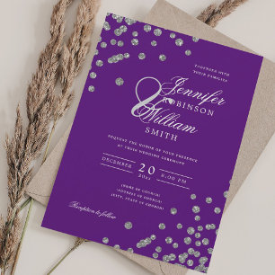 Invitación Elegante Purpurina de Boda Plata Confetti Púrpura