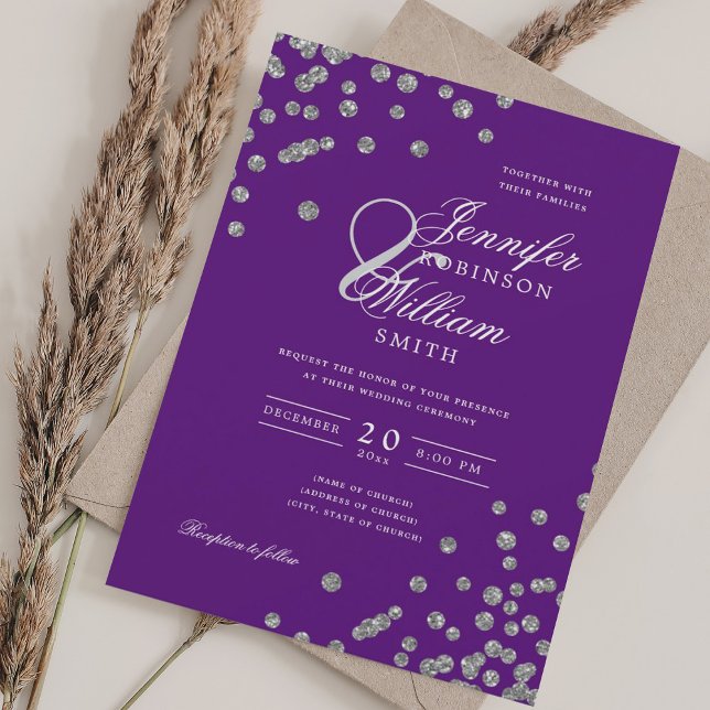 Invitación Elegante Purpurina de Boda Plata Confetti Púrpura (Elegant Wedding Silver Glitter Confetti Purple Invitation)