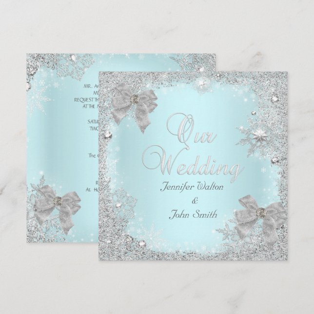 Invitación Elegante Purpurina de Boda Verde azulada Plata Bow (Anverso / Reverso)